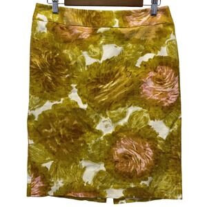 Talbots Womens Size 8 Floral Cotton Pencil Skirt Chartreuse Green Pink Lined